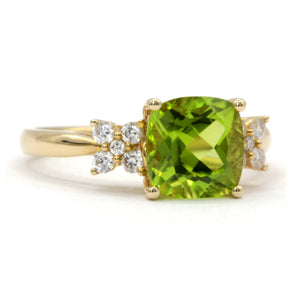 2.41 CT Cushion Shape Peridot and Diamond Ring 14K Yellow Gold