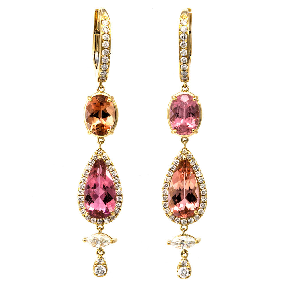 Glamorous Gemstone Color Play: Pink & Orange Tourmalines With Sparkling Diamonds