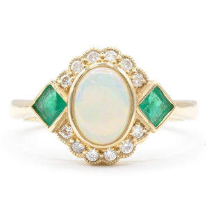 Opal, Emerald and Diamond Ring 14K Yellow Gold