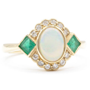 Opal, Emerald and Diamond Ring 14K Yellow Gold