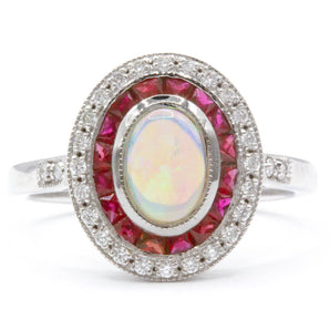 Opal, Ruby and Diamond Oval Halo Ring 14K White Gold