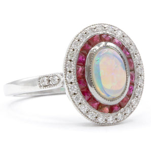 Opal, Ruby and Diamond Oval Halo Ring 14K White Gold