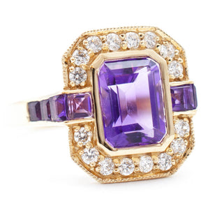 2.02 CT Emerald Cut Amethyst and Diamond Ring 14K Yellow Gold