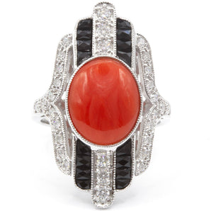 Orange Agate, Diamond and Onyx Ring 14K White Gold