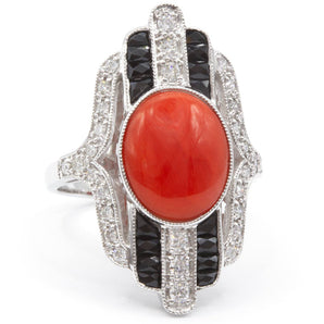 Orange Agate, Diamond and Onyx Ring 14K White Gold