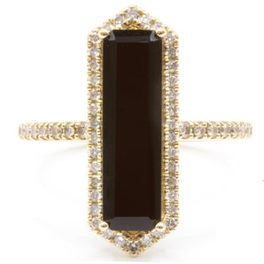 Elongated Black Agate and Diamond Ring 14K Yellow Gold