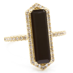 Elongated Black Agate and Diamond Ring 14K Yellow Gold