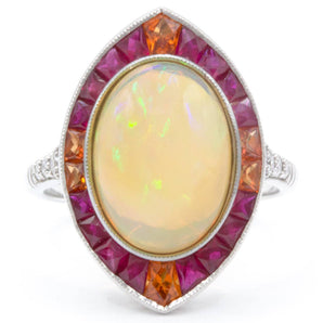 Opal, Ruby, Orange Sapphire and Diamond Statement Ring 18K White Gold