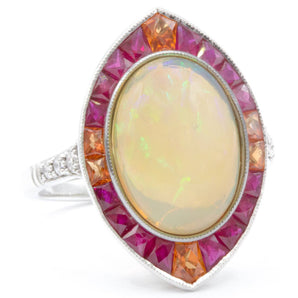 Opal, Ruby, Orange Sapphire and Diamond Statement Ring 18K White Gold