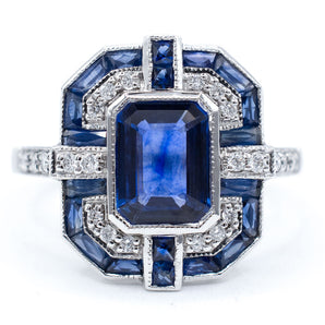 1.49 Carat Emerald-Cut Sapphire and Diamond Art-Deco Ring 18K White Gold