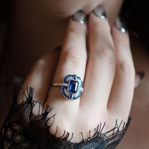 1.49 Carat Emerald-Cut Sapphire and Diamond Art-Deco Ring 18K White Gold