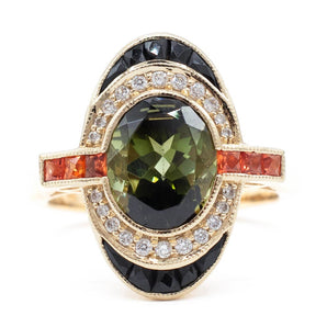 Green Tourmaline, Orange Sapphire, Onyx and Diamond Ring 14K Yellow Gold