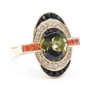 Green Tourmaline, Orange Sapphire, Onyx and Diamond Ring 14K Yellow Gold