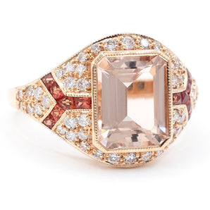 2.70 Carat Morganite, Diamond and Sapphire Ring 18K Rose Gold