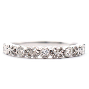 Diamond Flower Filigree Wedding Band 18K White Gold