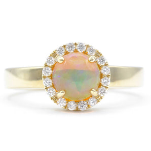 Opal and Diamond Round Halo Ring 14K Yellow Gold