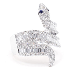 Diamond and Sapphire Snake Statement Ring 14K White Gold