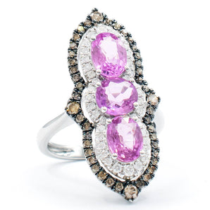 Pink Sapphire, White and Brown Diamond Elongated Ring 18K White Gold