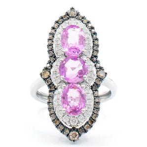 Pink Sapphire, White and Brown Diamond Elongated Ring 18K White Gold