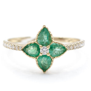 Emerald and Diamond Flower Ring 18K Yellow Gold