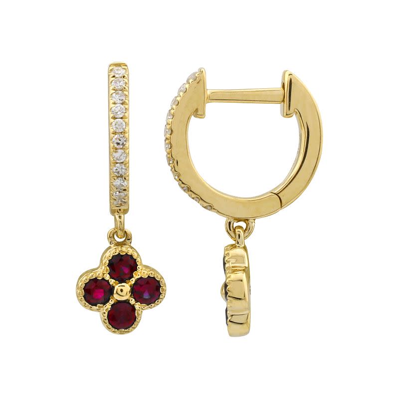 0.25 CTW Ruby Clover Charms 0.07 CTW Diamond Hinged Hoops