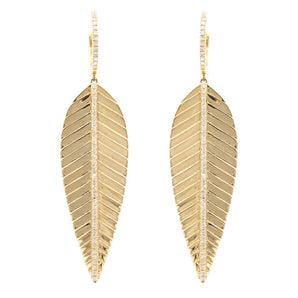 Diamond Feather Dangle Earrings 14KY