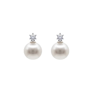Minimalist Pearl and Diamond Stud Earrings 14K White Gold