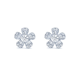 0.61 Carat Diamond Flower Stud Earrings 14K White Gold