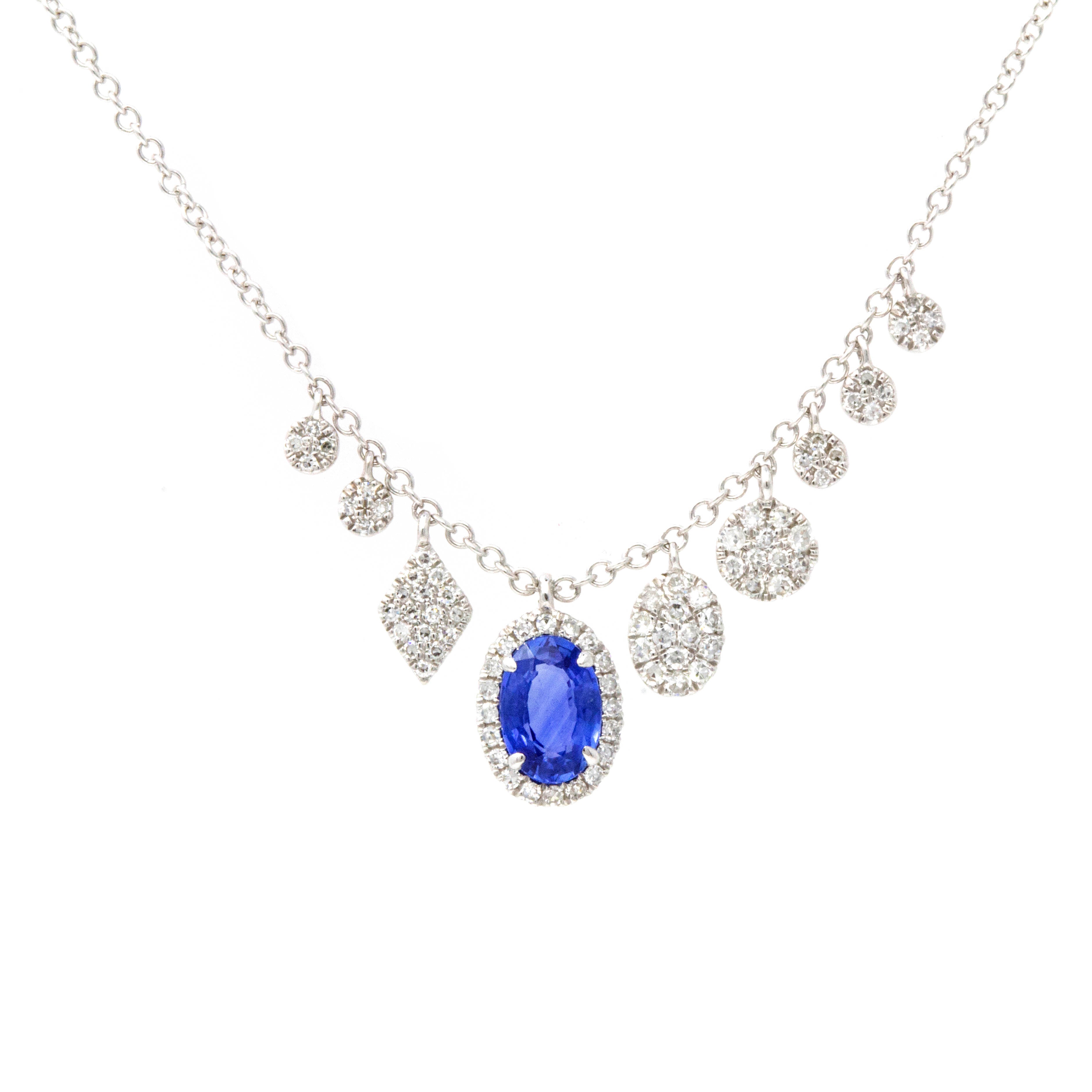 Asymmetrical Oval Sapphire Halo & Pave Diamond Charm Necklace