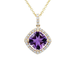 Amethyst and Diamond Cushion-Halo Pendant 14K Yellow Gold