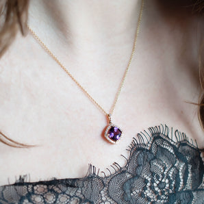 Amethyst and Diamond Cushion-Halo Pendant 14K Yellow Gold