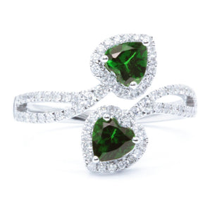 Heart Shape Tsavorite and Diamond Bypass Ring 14K White GOld