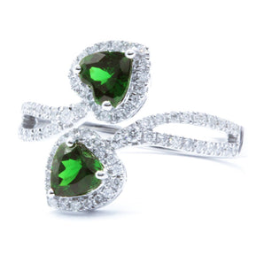 Heart Shape Tsavorite and Diamond Bypass Ring 14K White GOld