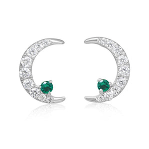 Diamond and Emerald Crescent Moon Stud Earrings 14K White Gold