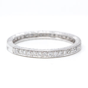 Round Diamond Engraved Wedding Band 14K White Gold