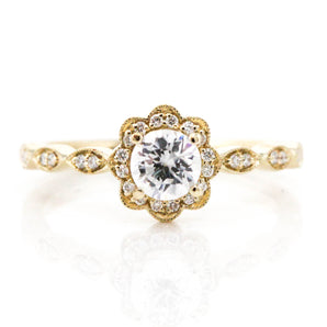 Round Diamond Floral Halo Engagement Ring 14K Yellow Gold