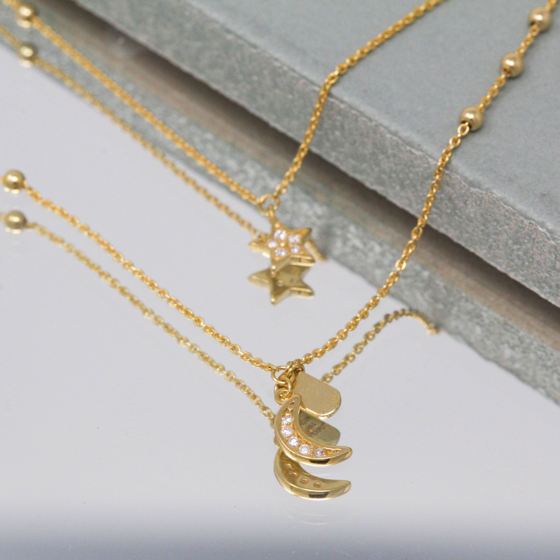Gold Bead Layer Chain with Moon & Star Charms