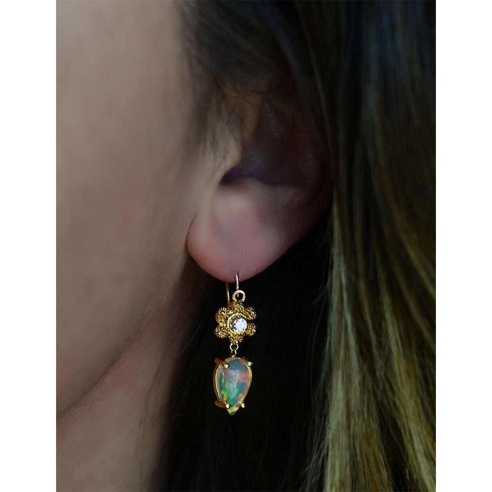 Opal & Diamond Flower Dangle Earrings