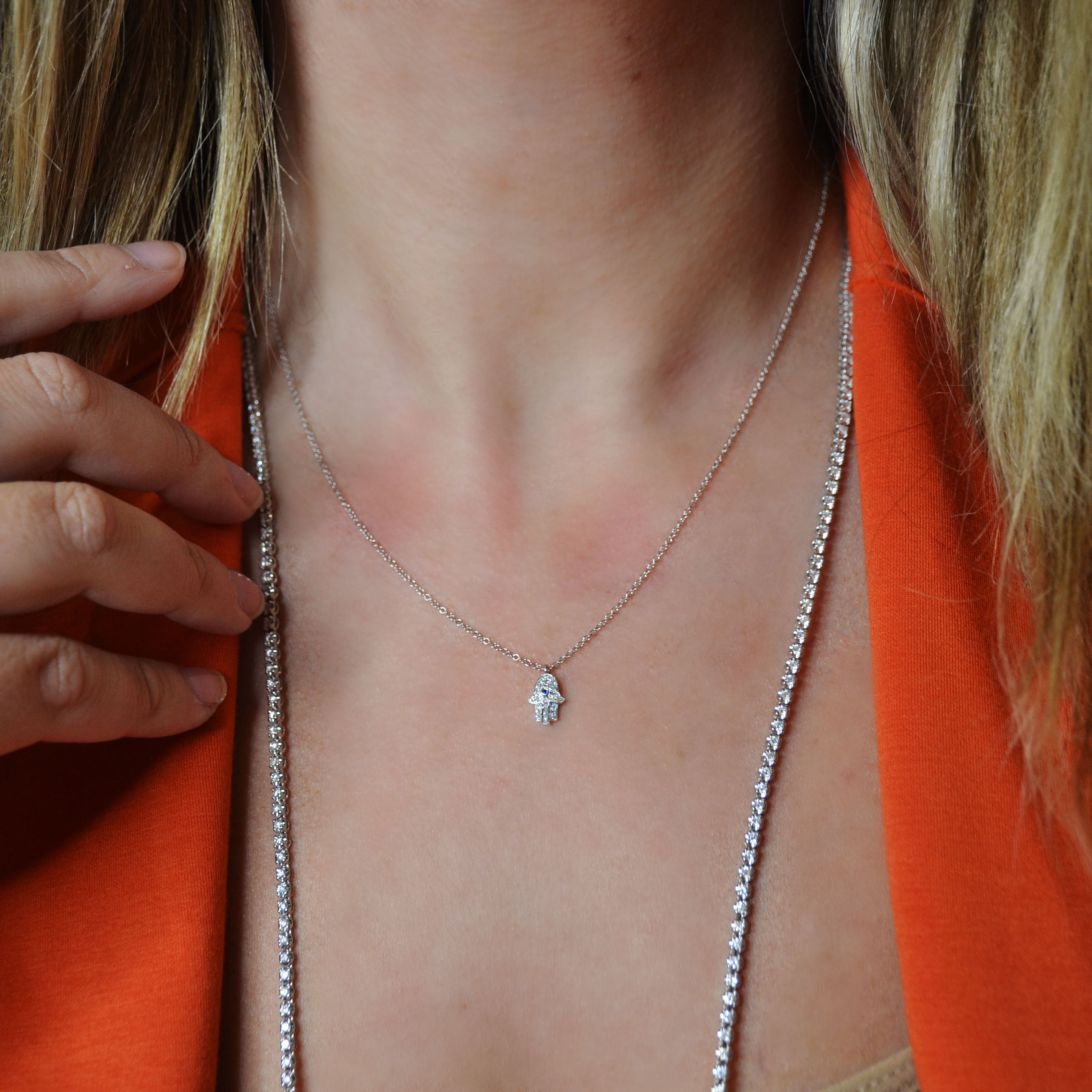 Dainty Sapphire & Diamond Hamsa Necklace