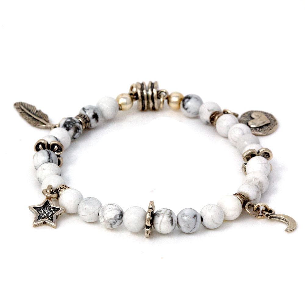 White Turquoise Bead & Silver Charm Bracelet